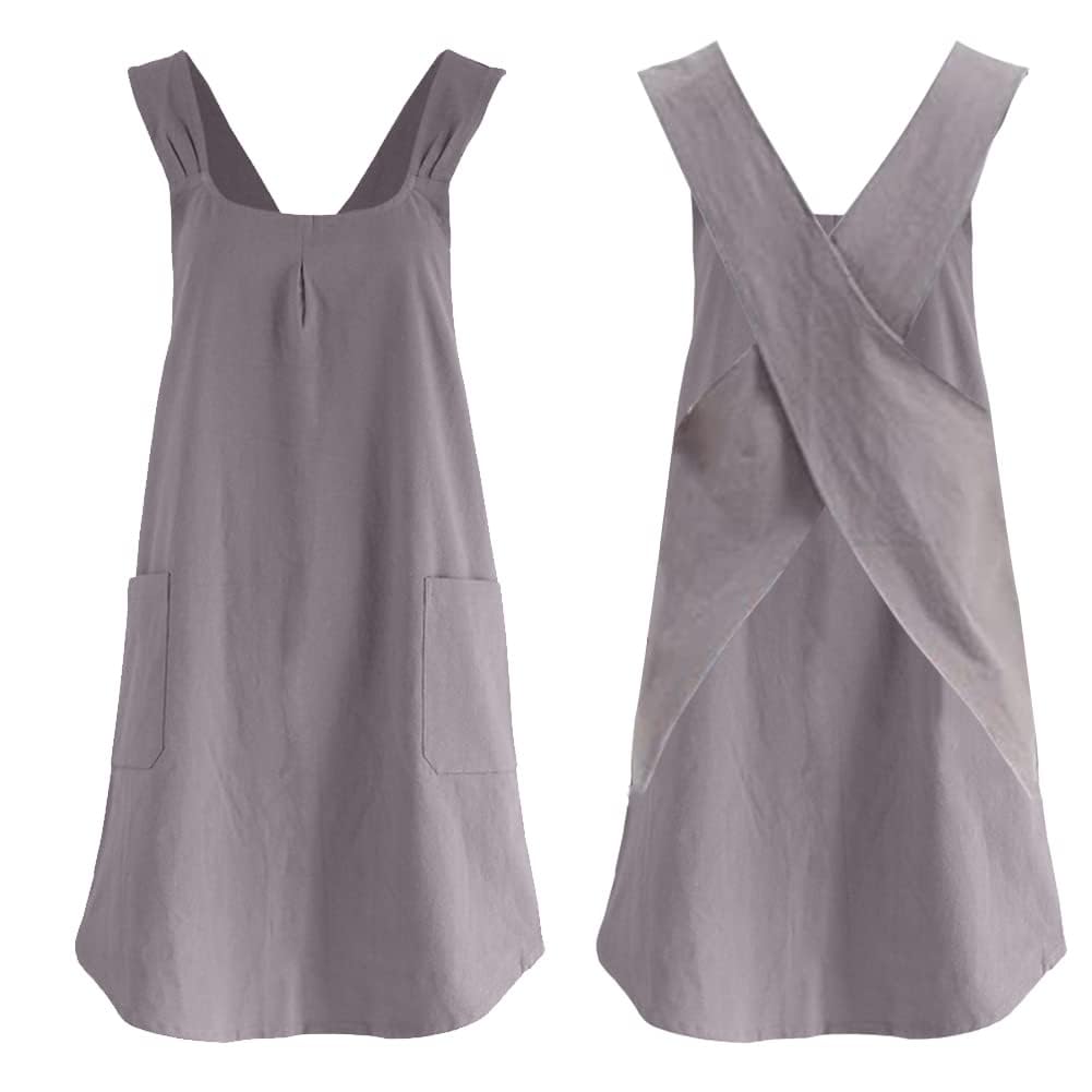 Garvee Delantal Japonés De Algodón y Lino Para Mujer – Tirantes Cruzados Desmontables, 2 Bolsillos Amplios, Ideal Para Cocina, Hornear, Barbacoa y Jardinería