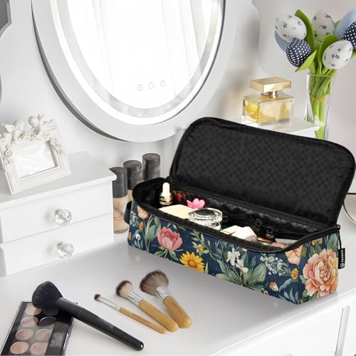 Bolsa de viaje para herramientas de cabello y tapete resistente al calor impermeable para plancha y rizador, diseño floral azul marino miniatura 7