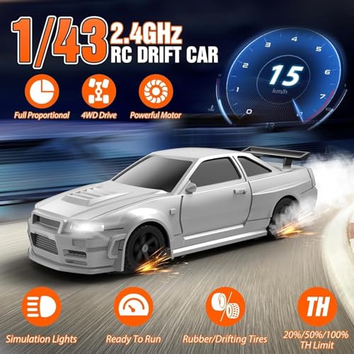Image of RC Drift Car, 1:43 Scale Full Proportional RC Electric Mini Racing Drift Car Model with Lights Kit, RC Model Cars Gifts for Adults (RTR Version) (Gyroscope RTR Version,Silver)