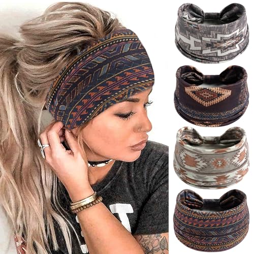 FULZTEY Boho Wide Headbands for Women Vintage Floral Head Bands Large African Bandana Hairbands Non Slip Yoga Workout Sweat Headwraps Cotton Thick Turban Fashion Hair Accessories 4Pcs