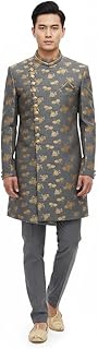 Traditional Sherwani Kurta, Grey Jacquard with Gold Floral Pattern, Mandarin Collar Indo Western, Regular Fit, 110 cm Length, Wedding Formal Wear-picture-14