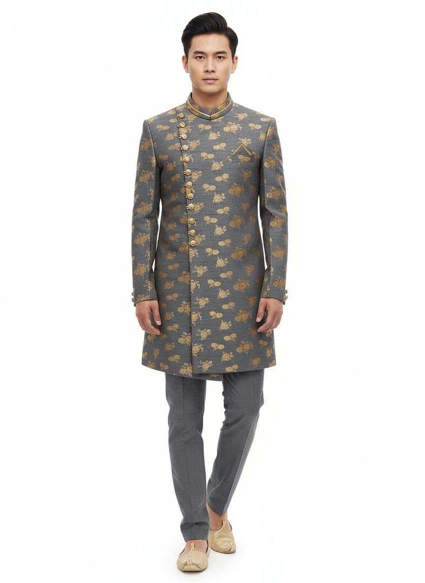 Traditional Sherwani Kurta, Grey Jacquard with Gold Floral Pattern, Mandarin Collar Indo Western, Regular Fit, 110 cm Length, Wedding Formal Wear-image-19