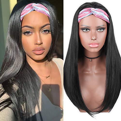 Long Black Straight Wigs Synthetic Headband Wigs for Black Women Black Wigs,CINHOO 20inch Straight Headband Wigs with Headbands Attached Afro Natural Wigs Half Wigs for Black Women(1B)