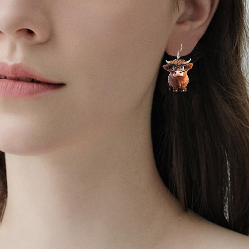 Highland Cow Earrings for Women - 2D Unique Glasses Flower Head Dangle Acrylic Statement Sunflower Bow Animals Earrings for Holiday Gifts - Image 3