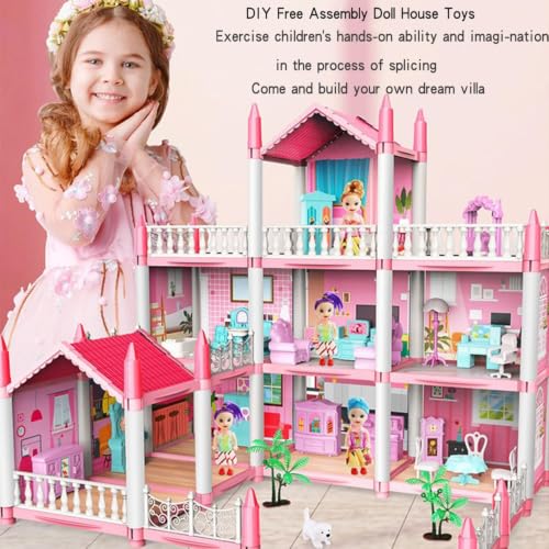 Image of 3 Storey Doll House for Girls, Large Princess Villa Playset with Furniture, Dolls, DIY Assembly Pretend Play Toy(9ROOM)