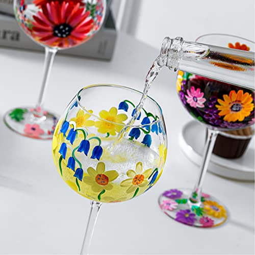 Everest Global Hand Painted Wine Glass Red Pink Christmas Stem Flower Glass Goblet 20.47 Oz Fancy Wine Glasses For Parties, Date Nights, Classic Durable Stemware, Gift For Women #TOP5