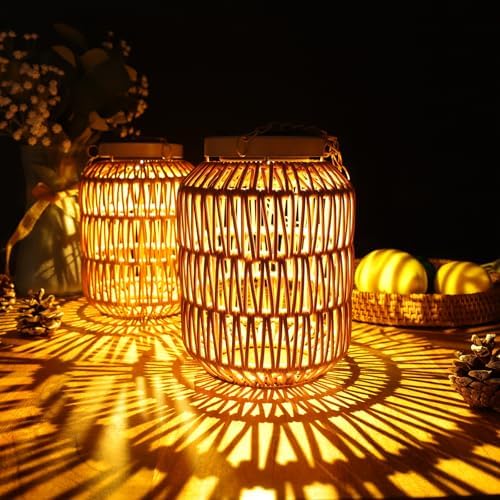Solar Outdoor Lanterns Waterproof, Hanging Rattan Lantern Lights for Outside, Solar lamp Outdoor Chandelier Idea for Gazebo Pergola Porch Patio Pathway Decor, 2 Pack