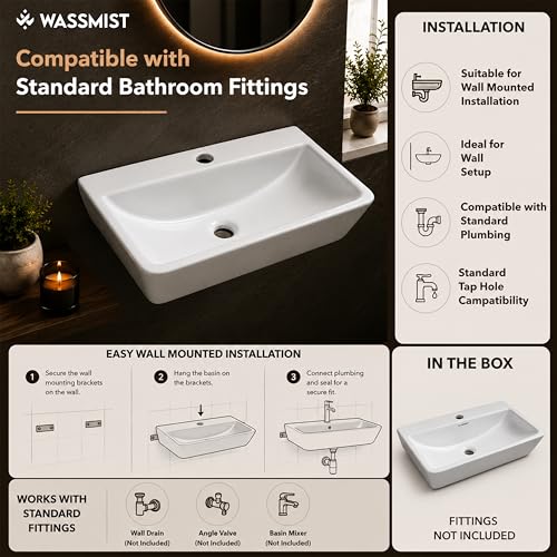 Image of WASSMIST Wash Basin | Wall Hung Wash Basin for Bathroom with 10 Year Glaze Warranty | Premium Ceramic Semi Oval Basin with Tap Hole (15.9 X 11.6 X 5 Inch)