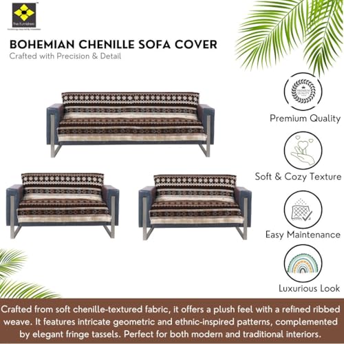 Image of Elegant Woven Brown Sofa Cover Soft Chenille Traditional Pattern with Lace Style | L-Shape Sectional Seat Protector for Living Room | Durable & Stylish Slipcover 7 Seater Sofa Cover
