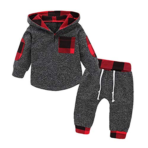 Baby Boys Clothes 12-18 Months Infant Baby Girl Long Sleeve Plaid Pocket Hoodie Tops + Pants Outfit Set 2Pcs, Red Plaid Outfit 12-18m/90cm