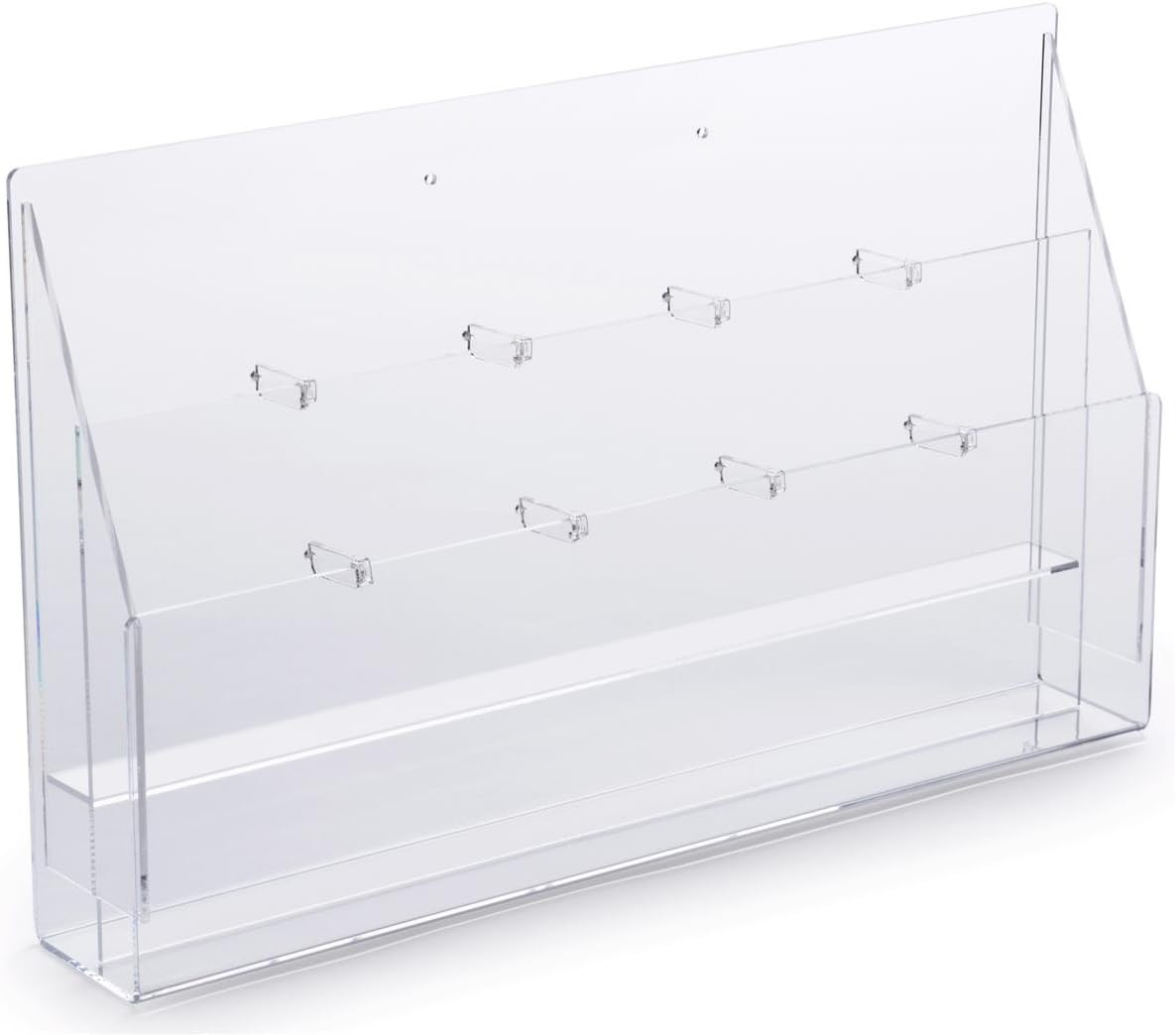 Clear Acrylic Countertop Literature Holder with Adjustable Pegs for Brochures or Magazines - Wall Mounting Optional - 23 x 4 3/4 x 13 3/4 Inch