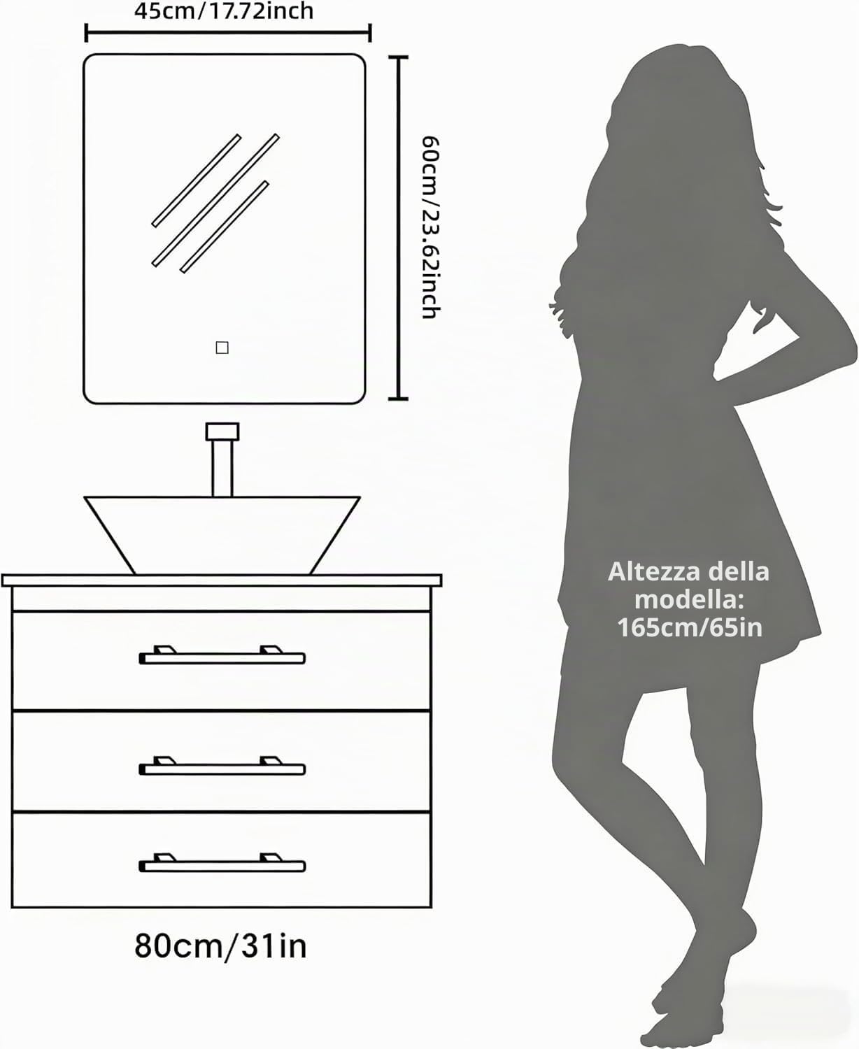 Specchio da parete per bagno, con illuminazione, specchio con luce LED, interruttore touch e 3 colori dimmerabili (60 L x 45 B)