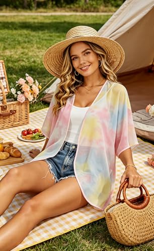 Image of FINOCEANS Womens Floral Chiffon Kimono Cardigans Loose Beach Cover Up Half Sleeve Tops