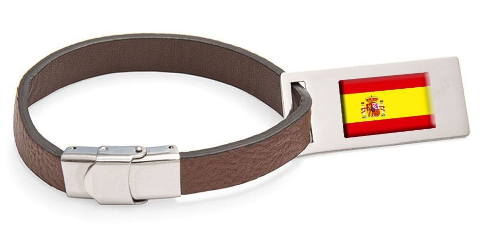Etiqueta de Equipaje de cuero Bandera España Texto grabado de acero