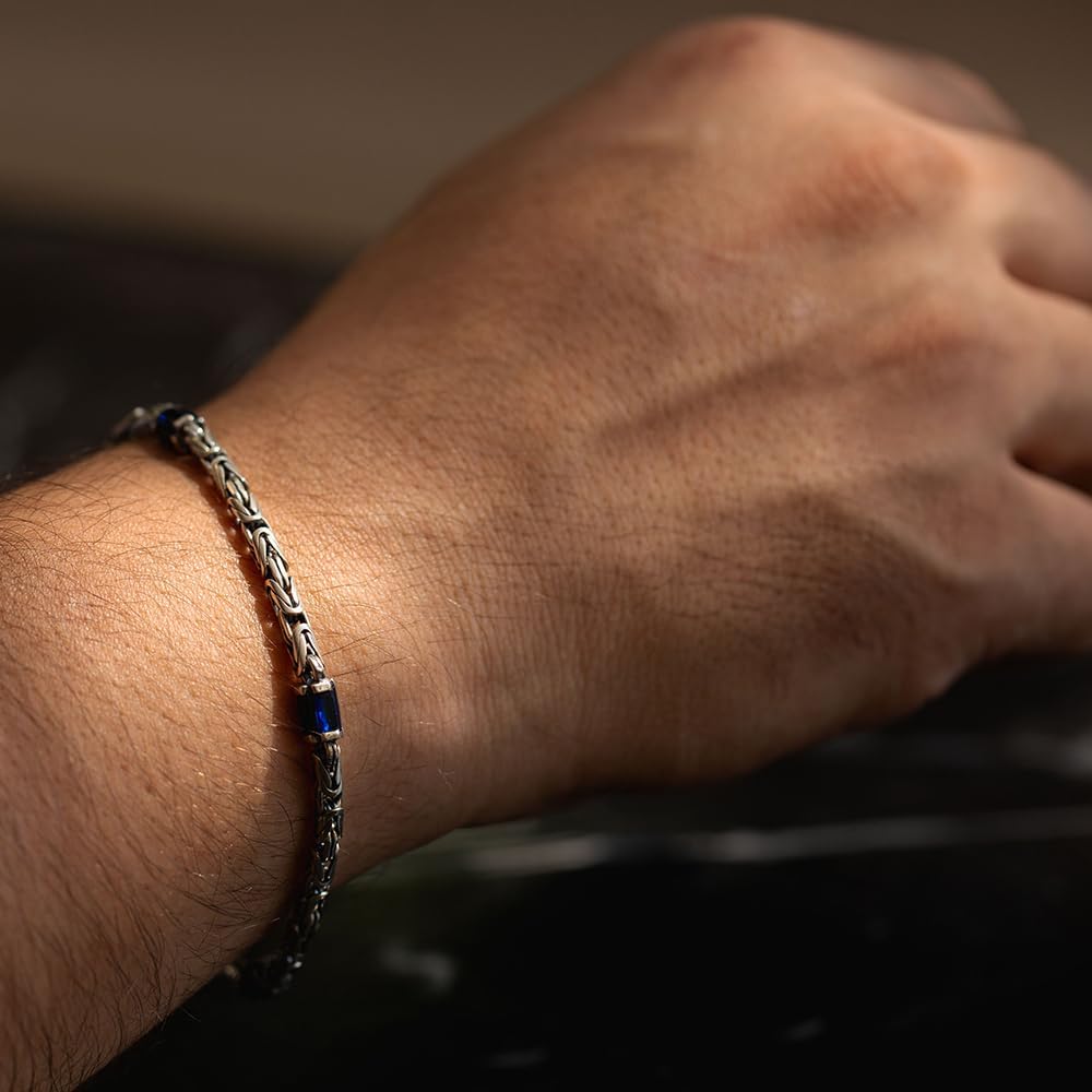 925 Sterling Silver Blue Sapphire Stone Byzantine Bali 5mm King Curb Chain Bracelet