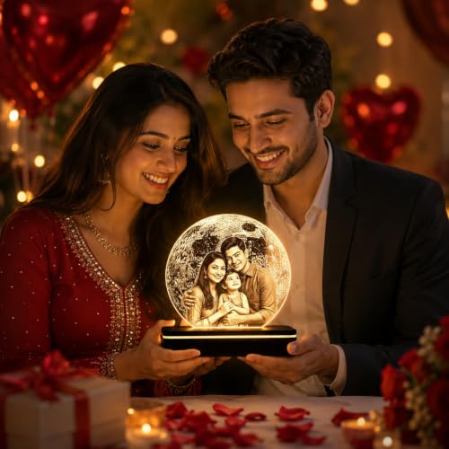 Image of Customized Photo Plaque | Personalized Printed Frame Acrylic Tabletop (Warm Moon Light, B&W - Engraving)