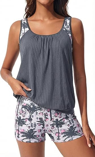 Hanna Nikole Damen Sportlich Tankini Set, Freizeit Zweiteiliger Badeanzug, Sommer Blumenmuster Bademode, Texturen Gepolsterter Oberteil mit Shorts Graue Tinte XL