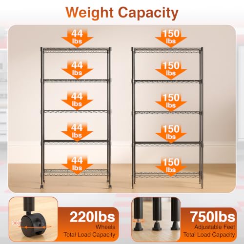 Image of BestOffice | 5-Tier Wire Shelf with Wheels | 14 inch x 30 inch x 60 inch | Black | Storage Shelves Metal Shelving with Adjustable Racks, Holds upto 750 lbs | Rust-Resistant No-Tool Assembly | For Home Garage