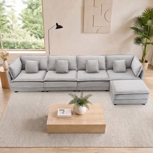 Image of Corduroy Sectional Couch, 4 Seater 149.2 inch L Shaped Cloud Couch with Ottoman, Modular Deep Seat Sofa with Pillows for Living Room, Apartment, Lightgrey