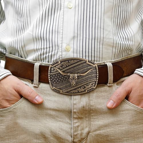 Image of HUABOLA CALYN Long Horn Bull Belt Buckles for Men Women American Flag Texas Star Belt Buckles