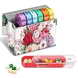 FINPAC Weekly Pill Organizers 4 Times A Day, Slide Open PU Leather Case Travel Pill Vitamin Medicine Reminder and Planner with Name Card for Morning| Afternoon| Evening| Bedtime (Flower Festival)