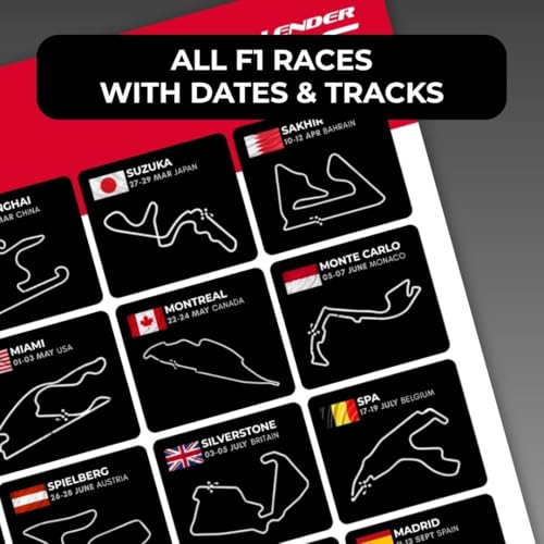 Image of F1 Calendar 2026 Poster | A3 Sized (42 x 29 cm) Formula 1 Race Poster | F1 Race-Calendar 2026 Posters for Wall | F1 Tracks Wall Decor | Monza, Monaco, Suzuka, Silverstone Track Room Decor Framed