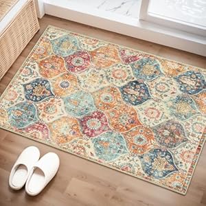 Lahome Moroccan Trellis Washable Rug, 2×3 Kitchen Rugs for Entryway Bathroom, Non-Slip Indoor Door Mat Ultra-Thin, Small Oriental Throw Carpet for Bedroom Entry, Cream/Multi