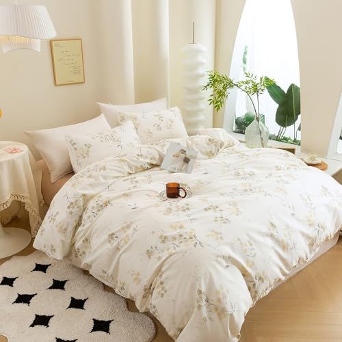 ECOCOTT Vintage Wash Painting Floral Duvet Cover Sets Queen Size,3 Pieces 100% Natural Cotton 1 Duvet Cover with Zipper and 2 Pillowcases, Ultra Soft and Easy Care Breathable Cozy Bedding Set