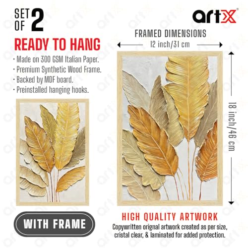 Image of ArtX Paper Leaf Paintings For Living Room, Bedroom, Natural Wood Color Frames, Multicolor, 12.0 x 18.0 inch, Set of 2