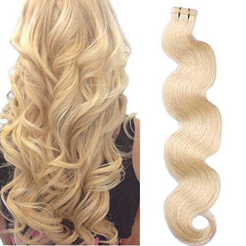 Blonde Tape in Hair Extensions Body Wavy #613 Human Hair Extensions Soft Silky Curly Remy Hair Seamless Skin Weft Hair Extensions 20inches 50g 20pcs/pack Glue in Extensions for Women