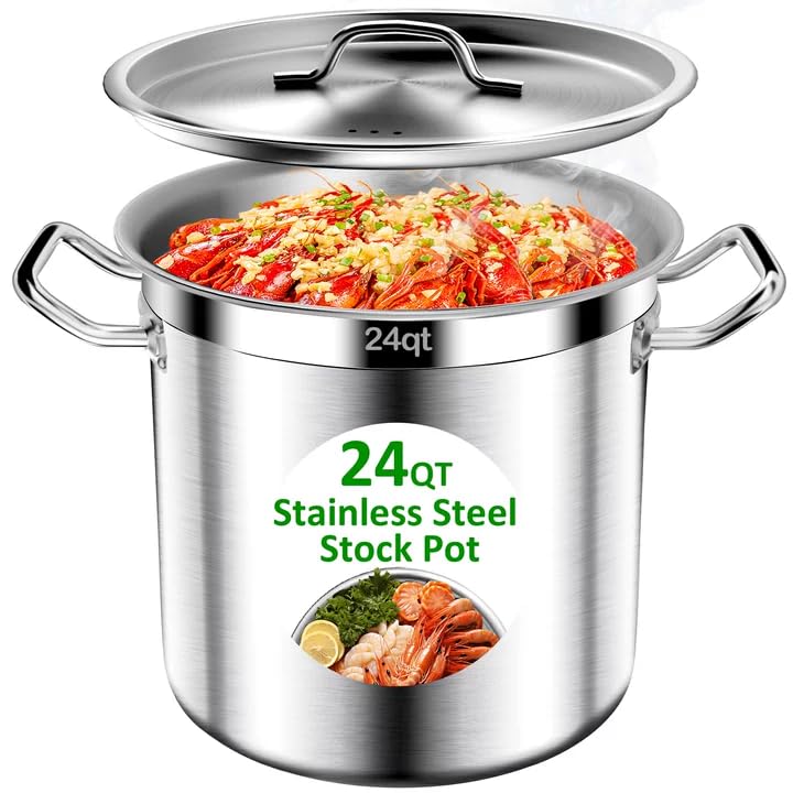 Image of Stainless Steel Stock Pot - 24QT Heavy Duty Induction Cooking Pot with Lid, Nonstick Thick Bottom Big Stockpot, Deep Cookware for Canning, Boiling Beer Brewing, Soup, Seafood Boil Soup Pots