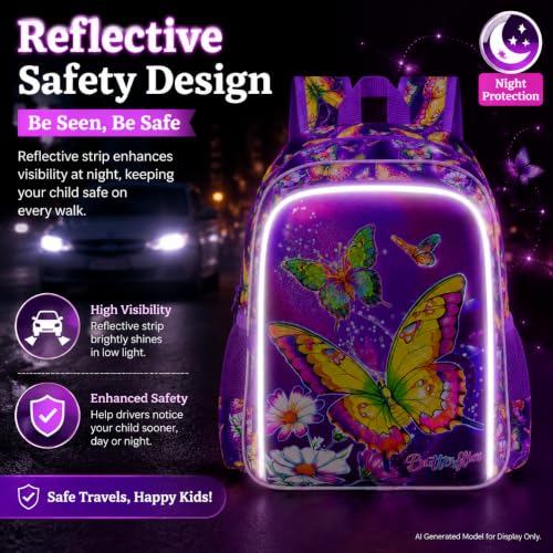 Image of 3Pcs Butterfly Backpack for Girls, 16 inch Kids Bookbag with Lunch Box，School Backpacks for Elementary Preschool Kindergarten (Purple)