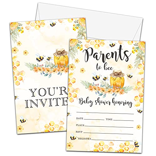 Honey Bee Baby Shower Invitations Cards, Parents To Bee Neutral Gender Reveal Invitation, Double-Sided Bumble Bee Fill-In Invites For Boys/Girls, 25 Invitation With Envelopes, Baby Shower Supplies Decorations -10 #TOP1