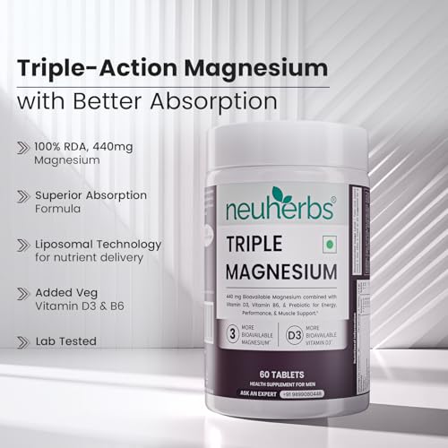 Image of Neuherbs Triple Magnesium Tablets (Bisglycinate, Aquamin & Liposomal) | Supports Sleep, Stress Relief, Muscle Recovery & Bone Health | High Absorption Magnesium Supplement for Men & Women - 60 Tablets