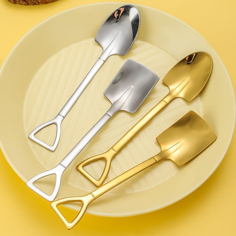 Silverware Flatware Set, 1/4/6/8/10 Pcs 304 Stainless Steel Shovel Spoon 304 Stainless Steel Dessert Spoon Pointed Shovel Spoon(Gold,10Pcs)