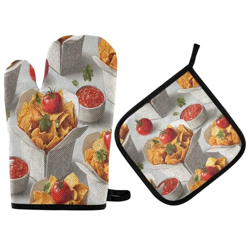QUGRL Oven Mitts and Pot Holders Set Nachos Tomato Sauce