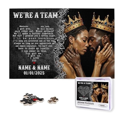 Custom 1000 Piece Puzzle Black King & Queen We're a Team Design, African American Couple Personalized Names 1000 Piece Puzzle, Romantic Gift for for Husband or Wife