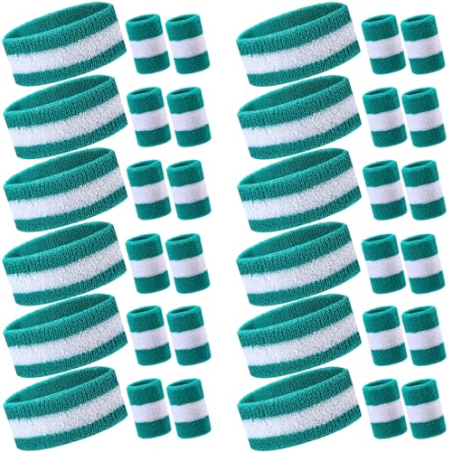 Image of Eurzom 36 Pcs Neon Sports Sweatbands Set Include 12 Striped Sweat Absorbing Headbands 24 Wristbands Athletic for Men Women Basketball Tennis Running Glow Party