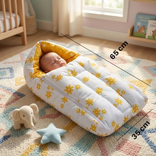 Image of 3-in-1 Baby Sleeping Bag & Carry Nest - Yellow Unisex Baby Nest + 100% Cotton Swaddle Wrap 0-3 Months, Orange Daisy Design - Skin-Friendly, Breathable, Multi-Purpose Bedding Set for Newborns