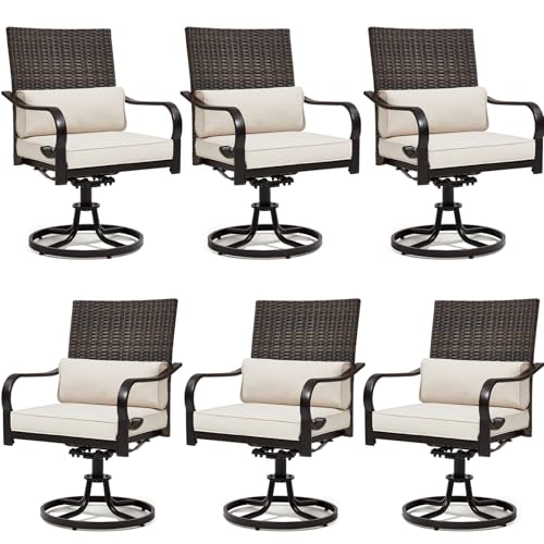 MELLCOM Patio Swivel Chair Set of 6, Outdoor Dining Chairs with Cushions & Lumbar Pillows, Wicker Chairs with Gentle Rocker for Porch, Garden, Backyard, Poolside, Deck, Beige