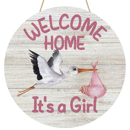 Image of YINENA Welcome Home Baby Girl Door Sign Wood Door Hanger for Outdoor Outside Porch Farmhouse Newborn Gender Reveal Stork Wooden Indoor Wall Hanging Decoration