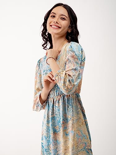 Image of AASK Abstract Printed Puff Sleeve Gathered Detailed Fit Flare Dress
