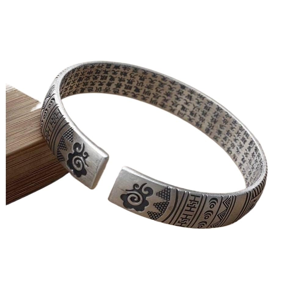 Bracciale rigido alla moda, bracciale rigido in argento 999 con detti buddisti Bracciale con detti buddisti femminili Fiore che sboccia Ricchezza e peonia Bracciale in argento I braccialetti possono e