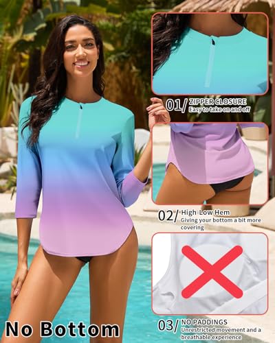 Soneven Women 3/4 Sleeve Rash Guard 1/4 Zip Swim Shirts UPF 50+ Sun Protection Swimsuit Top No Bottom3