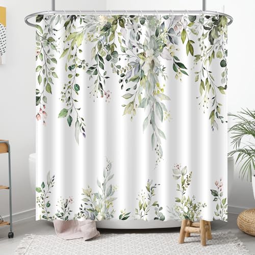 Image of Eucalyptus Shower Curtain, Aesthetic Art Watercolor Plant Leaves with Floral Bathroom Decor, Waterproof Fabric Cloth Bath Curtain Set with Hooks (Green, 72 inch W x 72 inch L)