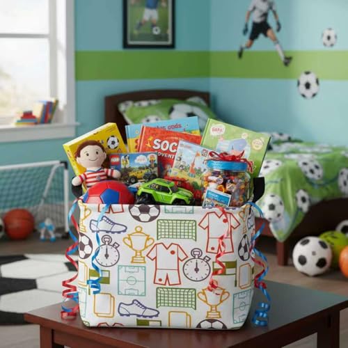 Image of Rectangular Storage Baskets Waterproof Collapsible Toy Bins with Handles Shelf Organizer Box (Green Soccer)