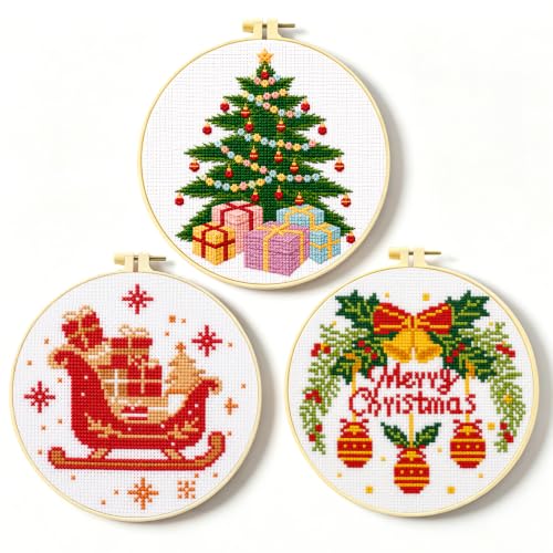 Image of Zhenqing Stamped Cross Stitch Kits for Adults Beginners, Christmas Cross Stitch Kit, 3 Pack Holiday Needlepoint Craft Set with Printed Pattern Fabric, Christmas Tree, Sleigh and Wreath Designs