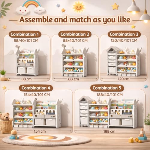 Image of 3in1 Kids Toy Organizer with Bookshelf for Home Storage Rack for Toddler Playroom Organizer Montessori Book Shelf for Kids Room Toys Organiser for Space Saving Storage Bins for Children
