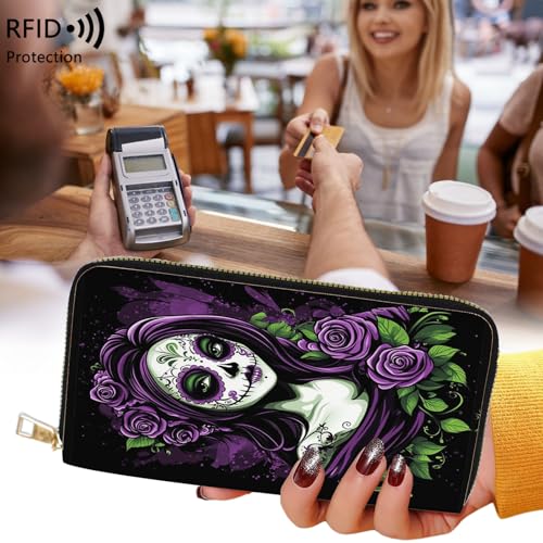 Womens Wallet,RFID Blocking Large Capacity Clutch,Zip Around Leather Purse with 8 Card Slots,Bill Compartments Coin Pocket - Day of the Dead Sugar Skull Women2