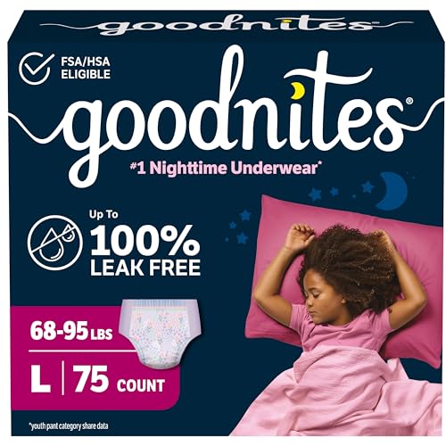 Goodnites Girls Nighttime Bedwetting Underwear Size Large (68-95 lbs) 75 Ct (3 Packs of 25) Packaging May Vary